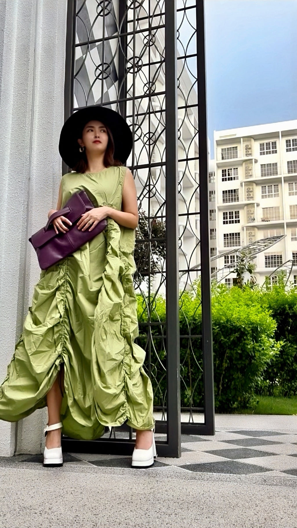 【ERROR.】再販　Volume Shirring Dress / Lime Green