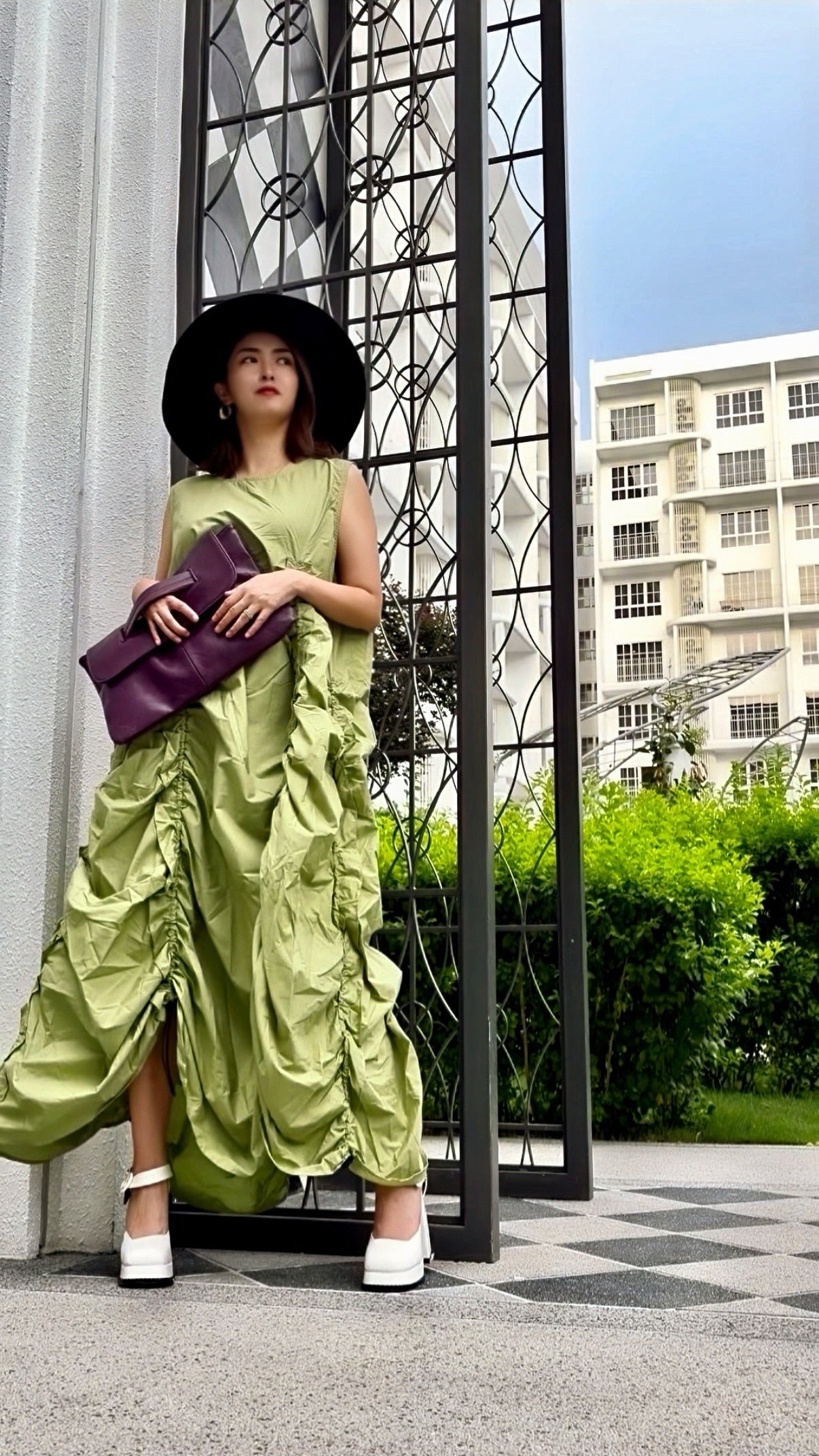 【ERROR.】再販　Volume Shirring Dress / Lime Green