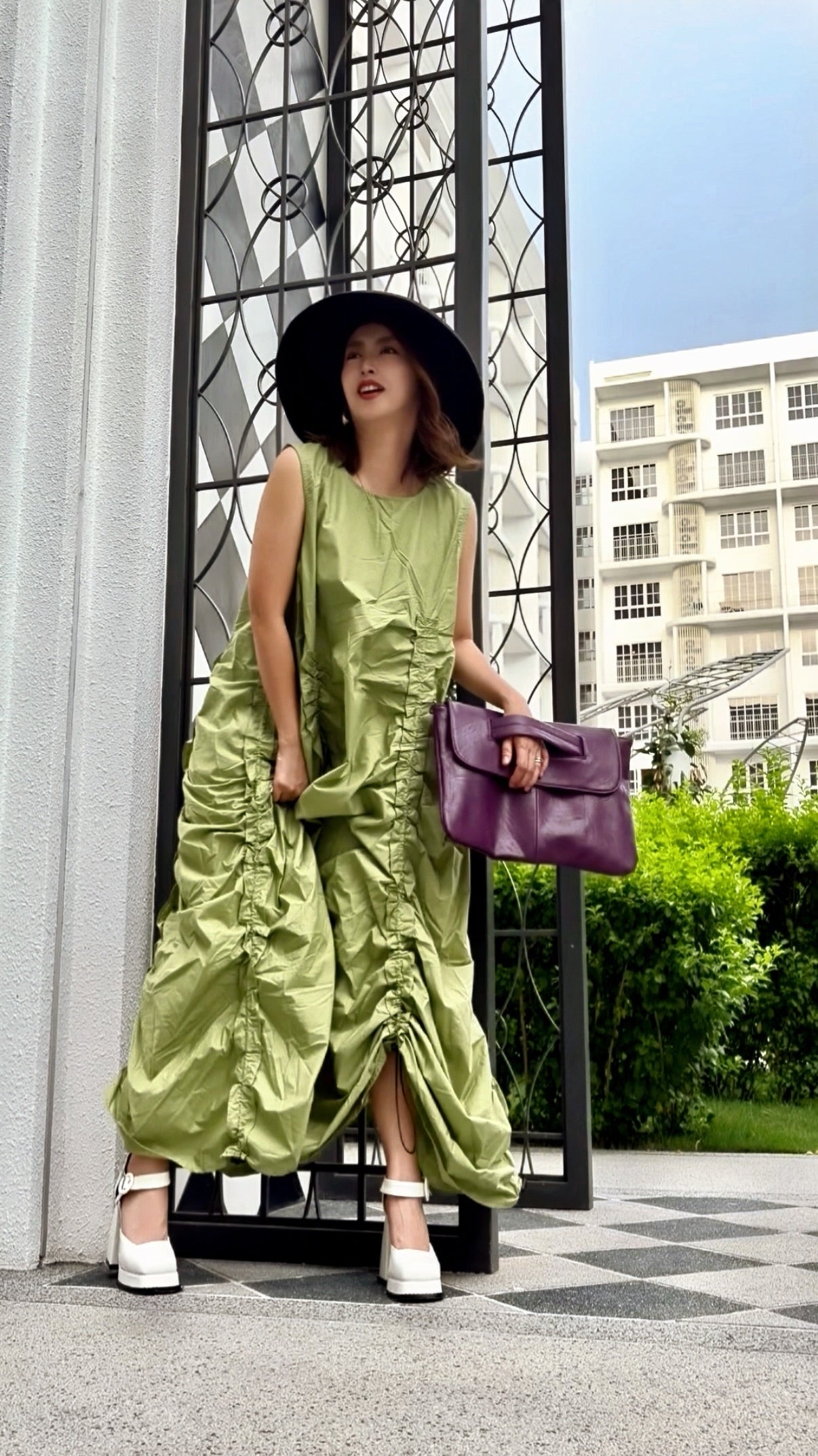 【ERROR.】再販　Volume Shirring Dress / Lime Green